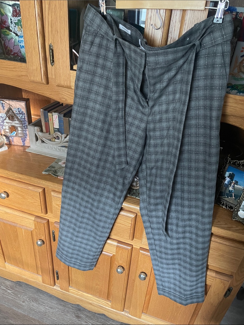 LOFT Charcoal Plaid Paperbag Waist Trousers